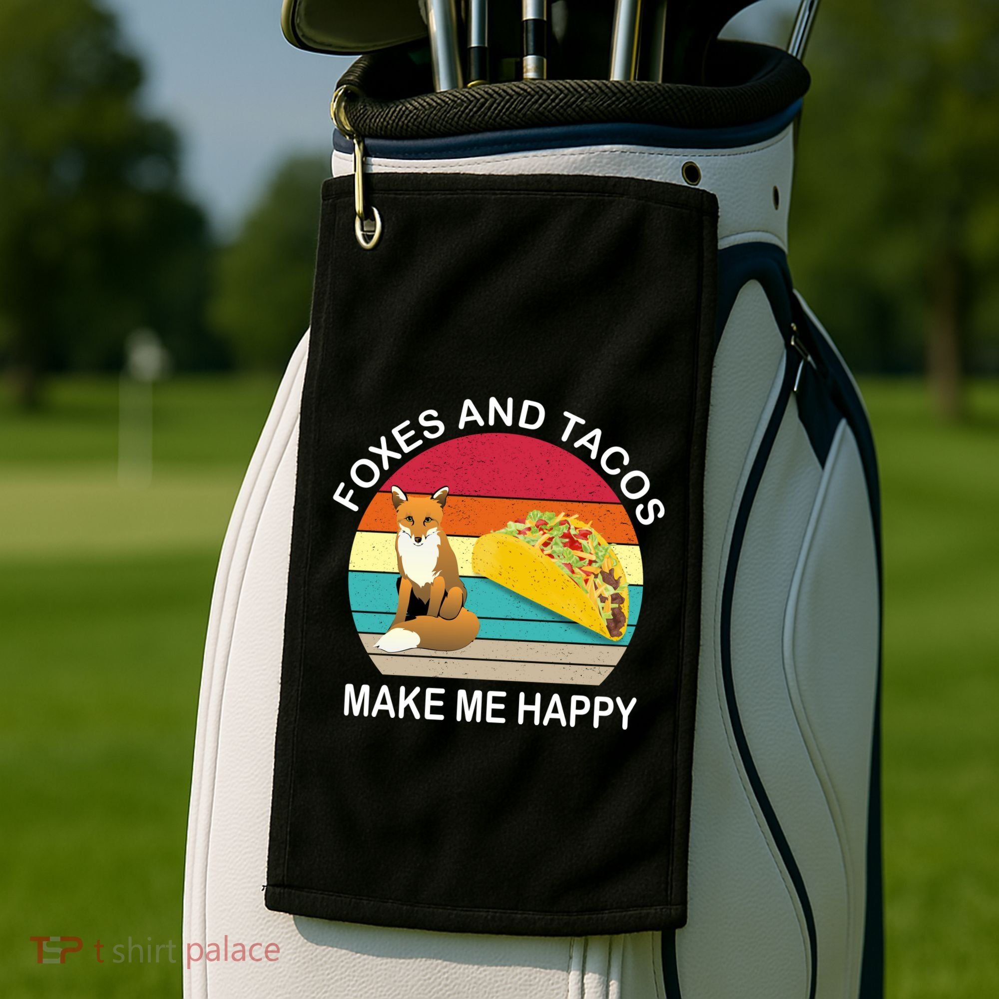 Foxes And Tacos Make Me Happy Retro Sunset Golf Towel
