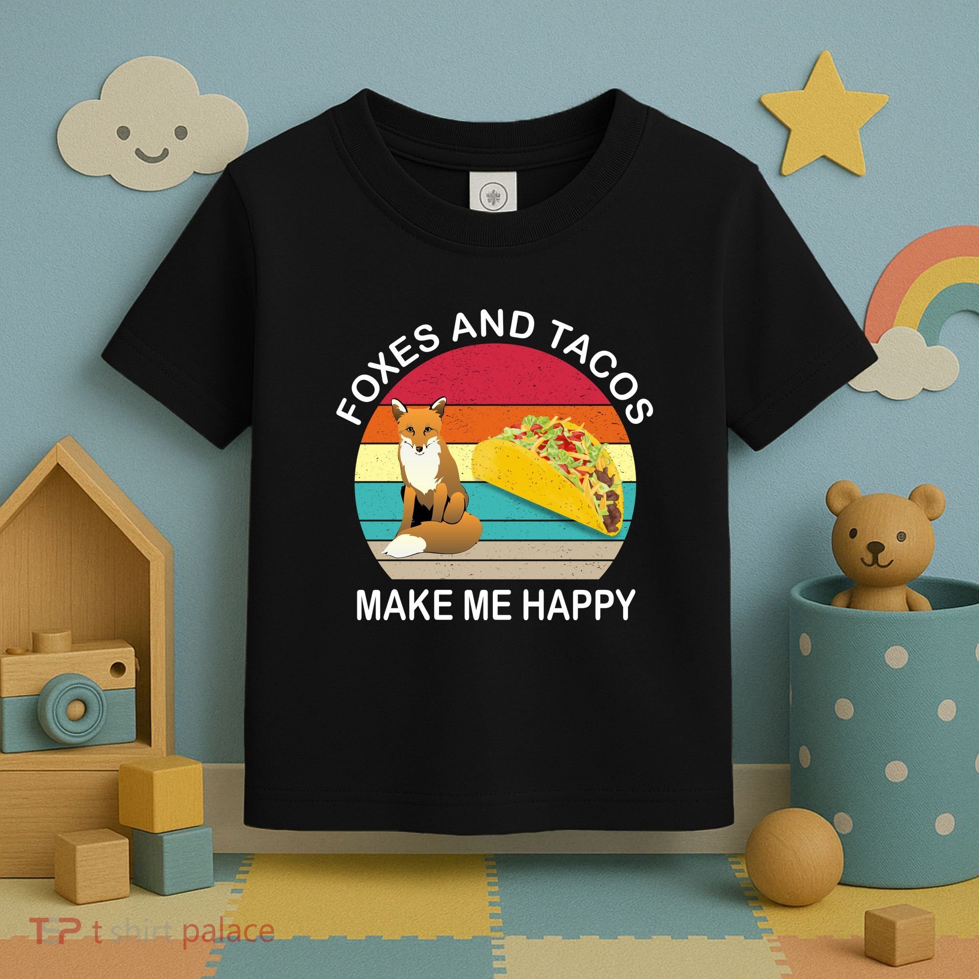 Foxes And Tacos Make Me Happy Retro Sunset Toddler T-Shirt