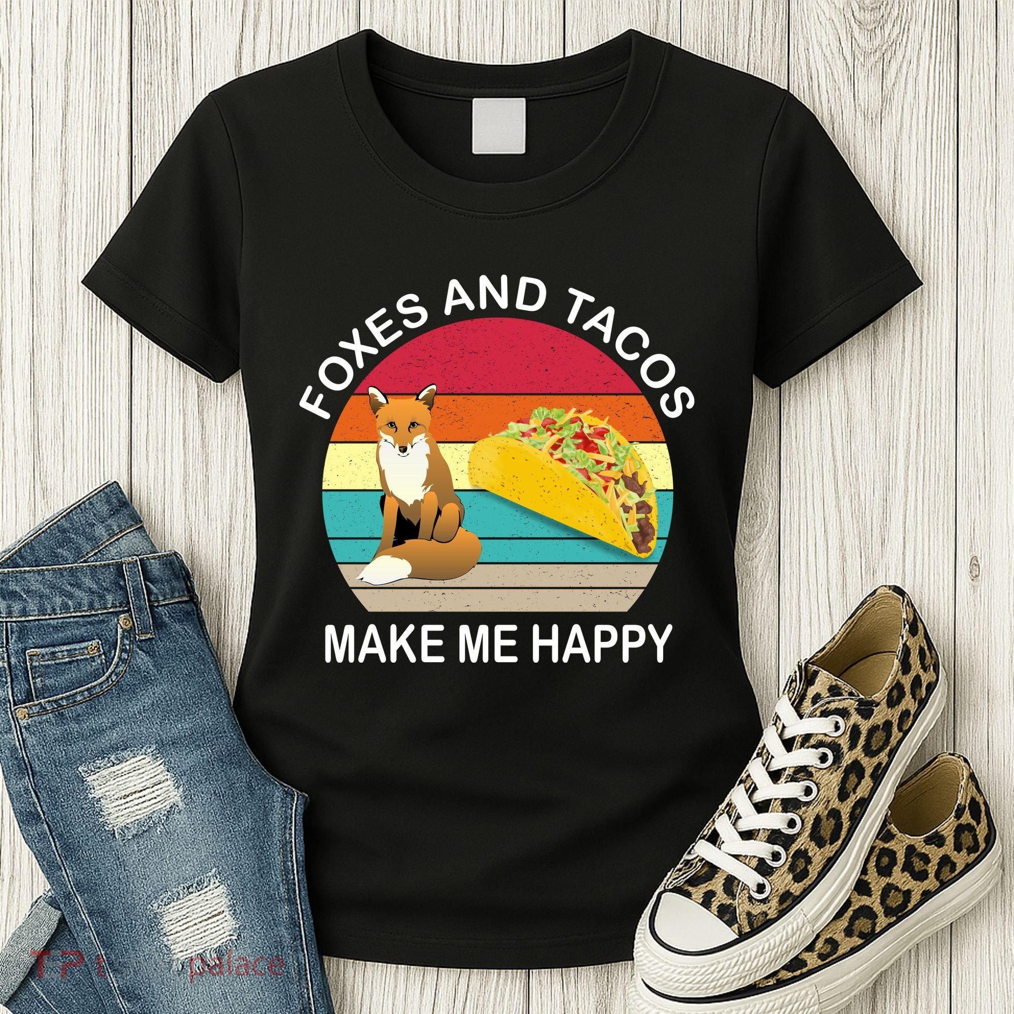 Foxes And Tacos Make Me Happy Retro Sunset Women's T-Shirt