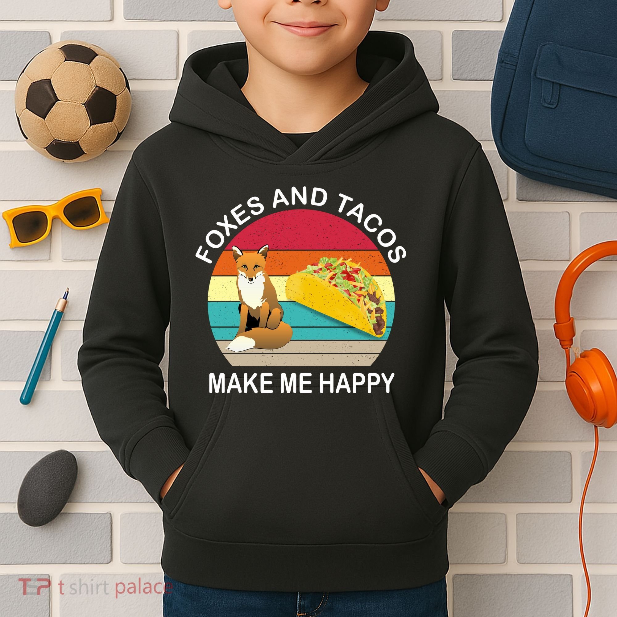 Foxes And Tacos Make Me Happy Retro Sunset Kids Hoodie