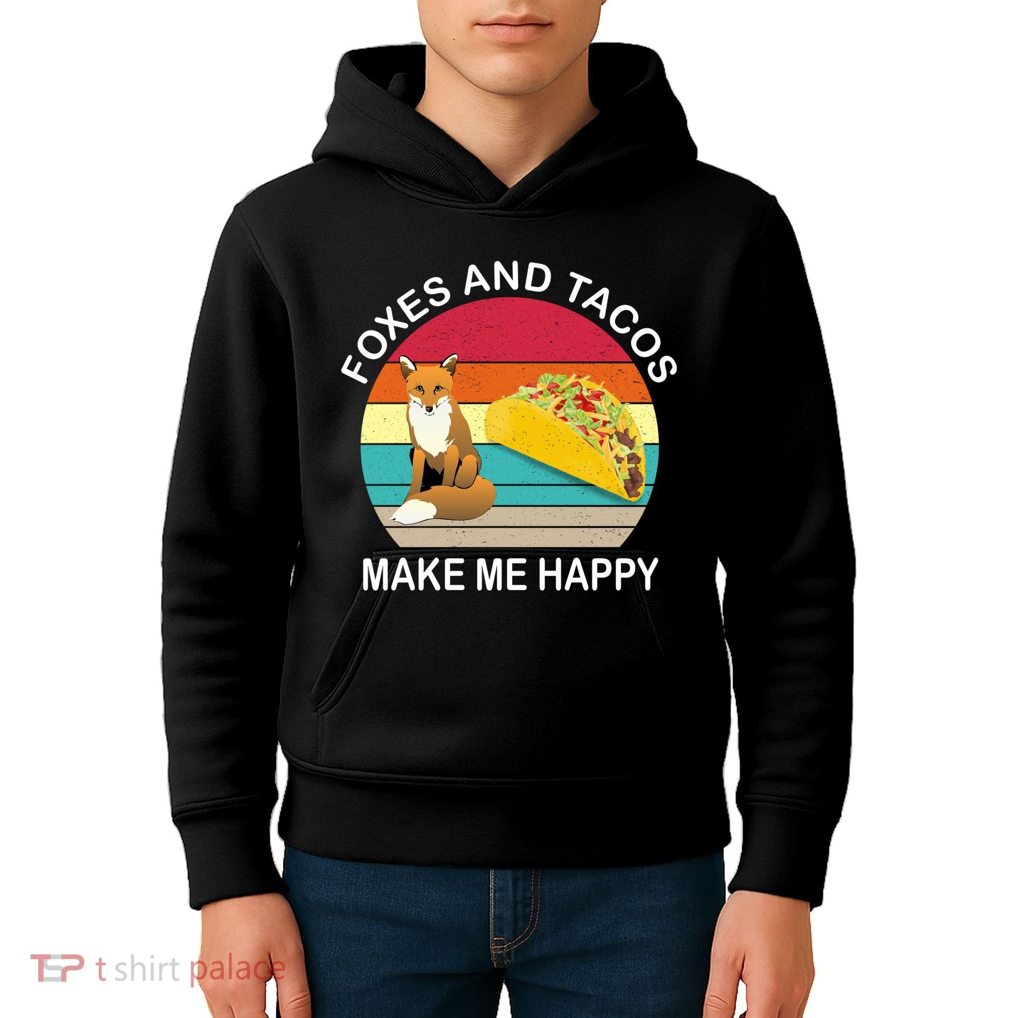 Foxes And Tacos Make Me Happy Retro Sunset Kids Hoodie
