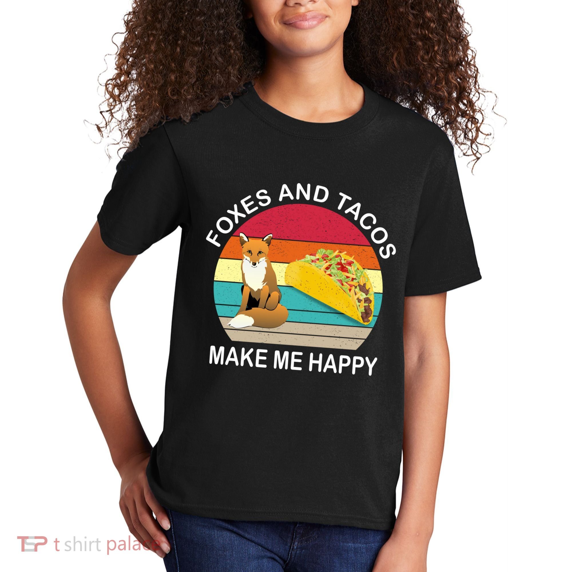 Foxes And Tacos Make Me Happy Retro Sunset Kids T-Shirt