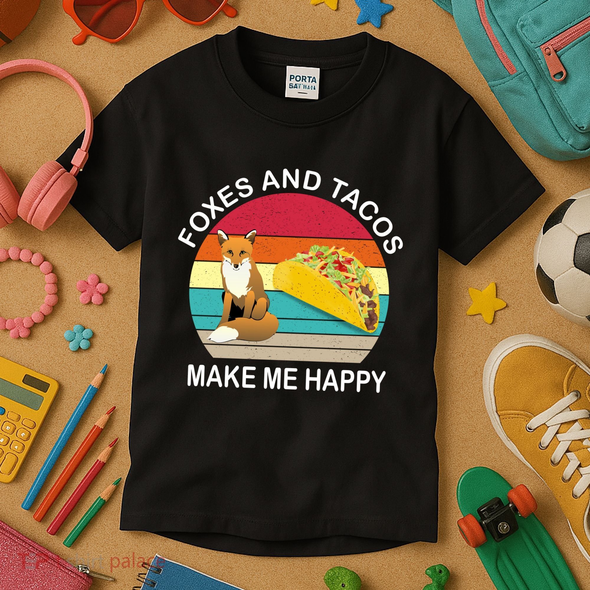 Foxes And Tacos Make Me Happy Retro Sunset Kids T-Shirt