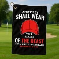 Funny Anti Trump Mark Of The Beast Red Hat Liberal Gift Golf Towel thumb 1
