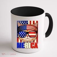 Funny American USA Flag Merica Cat Coffee Mug thumb 1