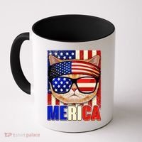 Funny American USA Flag Merica Cat Coffee Mug thumb 0