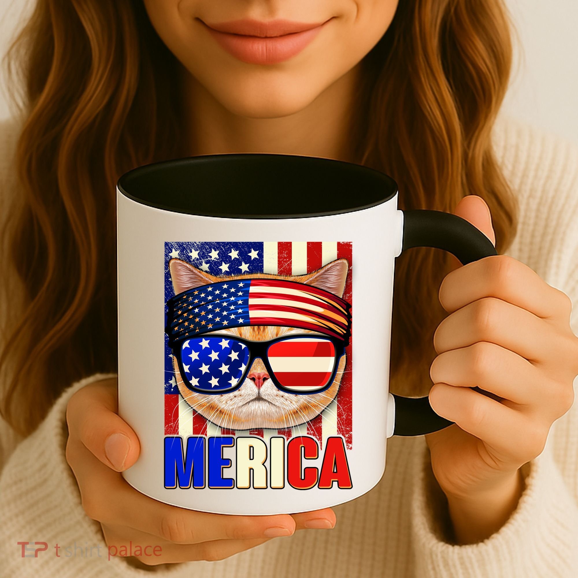 Funny American USA Flag Merica Cat Coffee Mug
