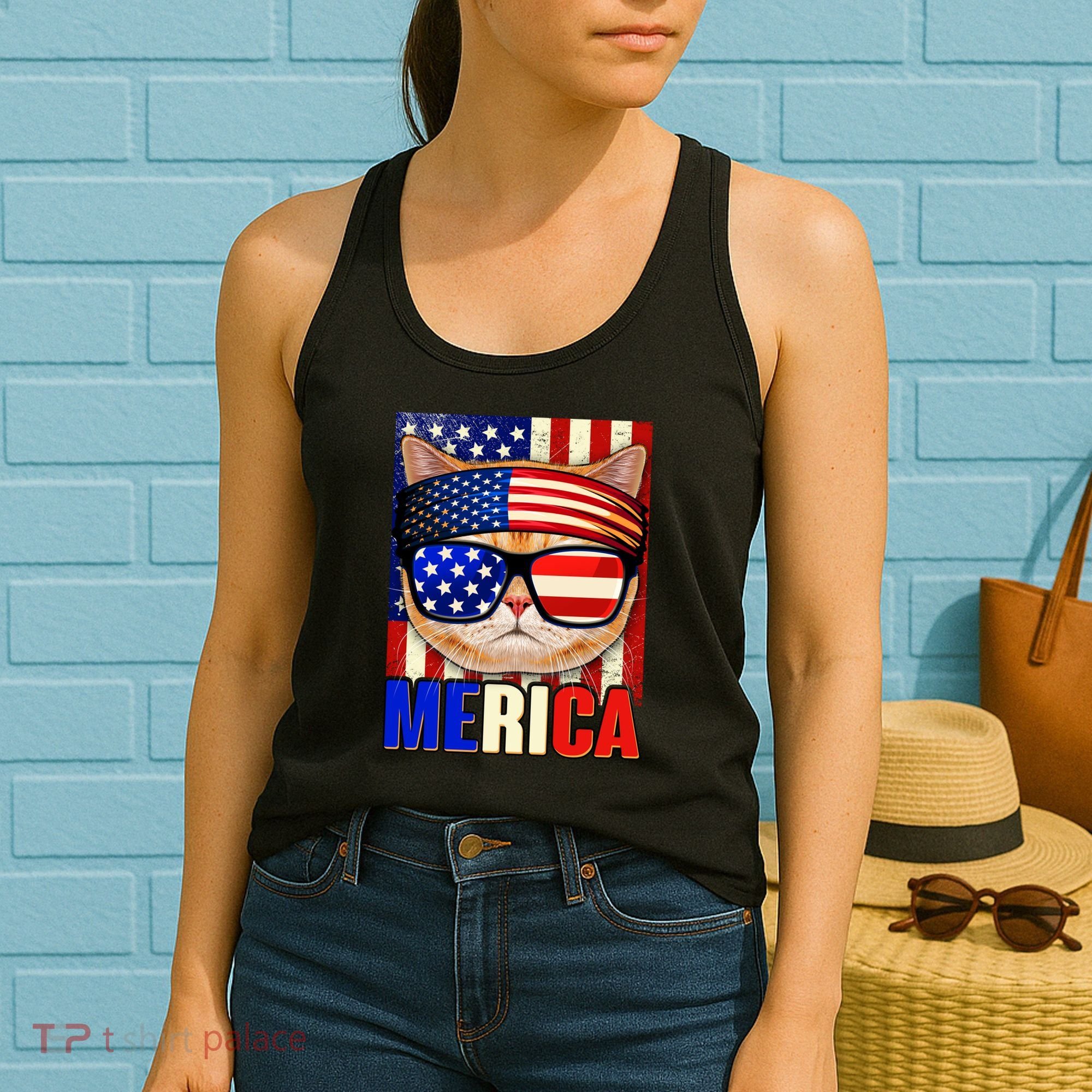 Funny American USA Flag Merica Cat Women's Tank Top