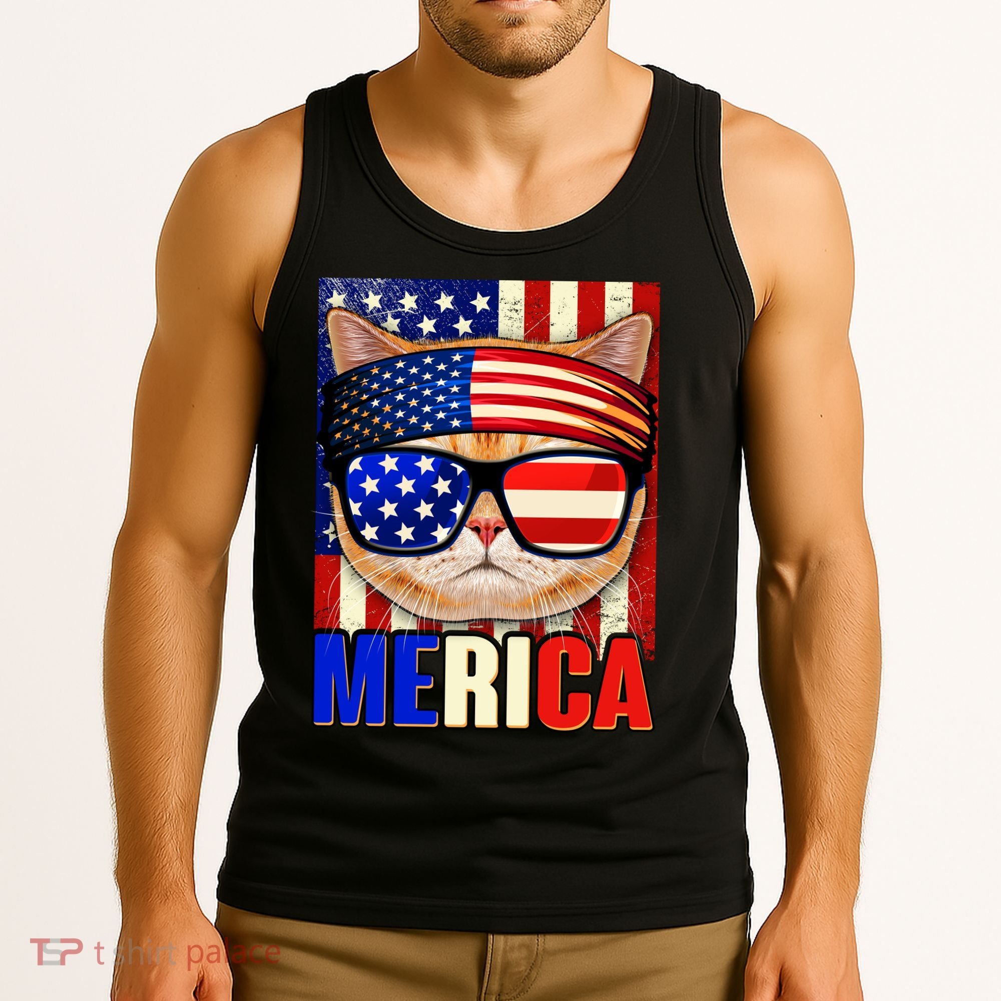 Funny American USA Flag Merica Cat Tank Top