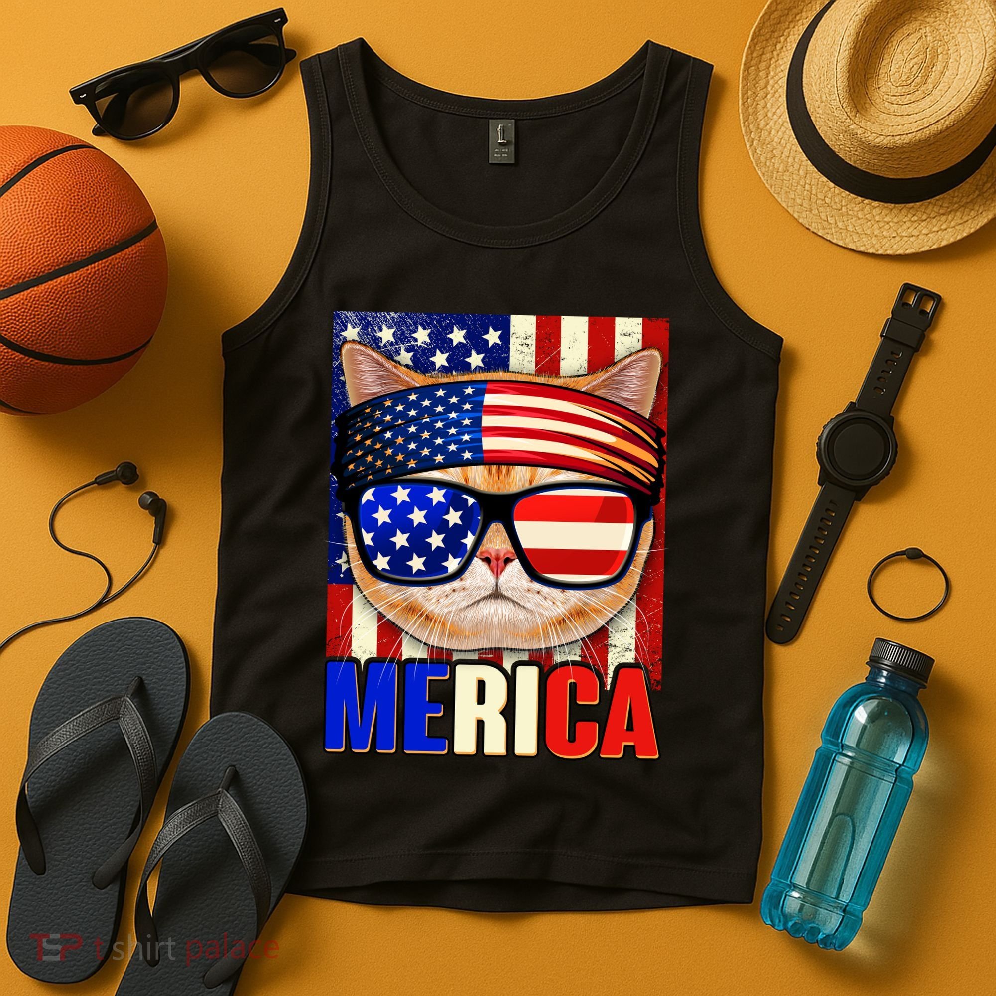 Funny American USA Flag Merica Cat Tank Top