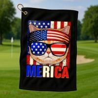 Funny American USA Flag Merica Cat Golf Towel thumb 1