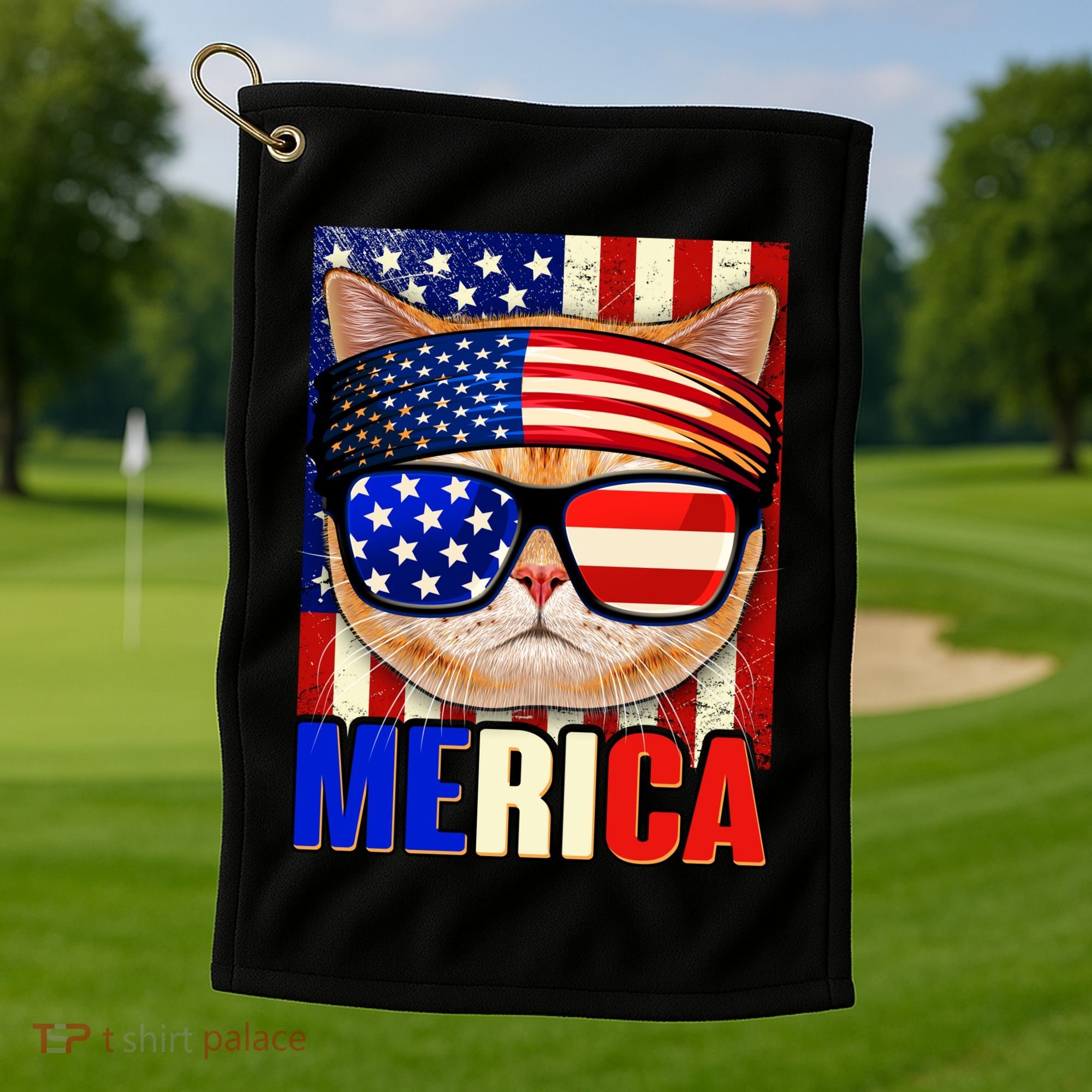 Funny American USA Flag Merica Cat Golf Towel
