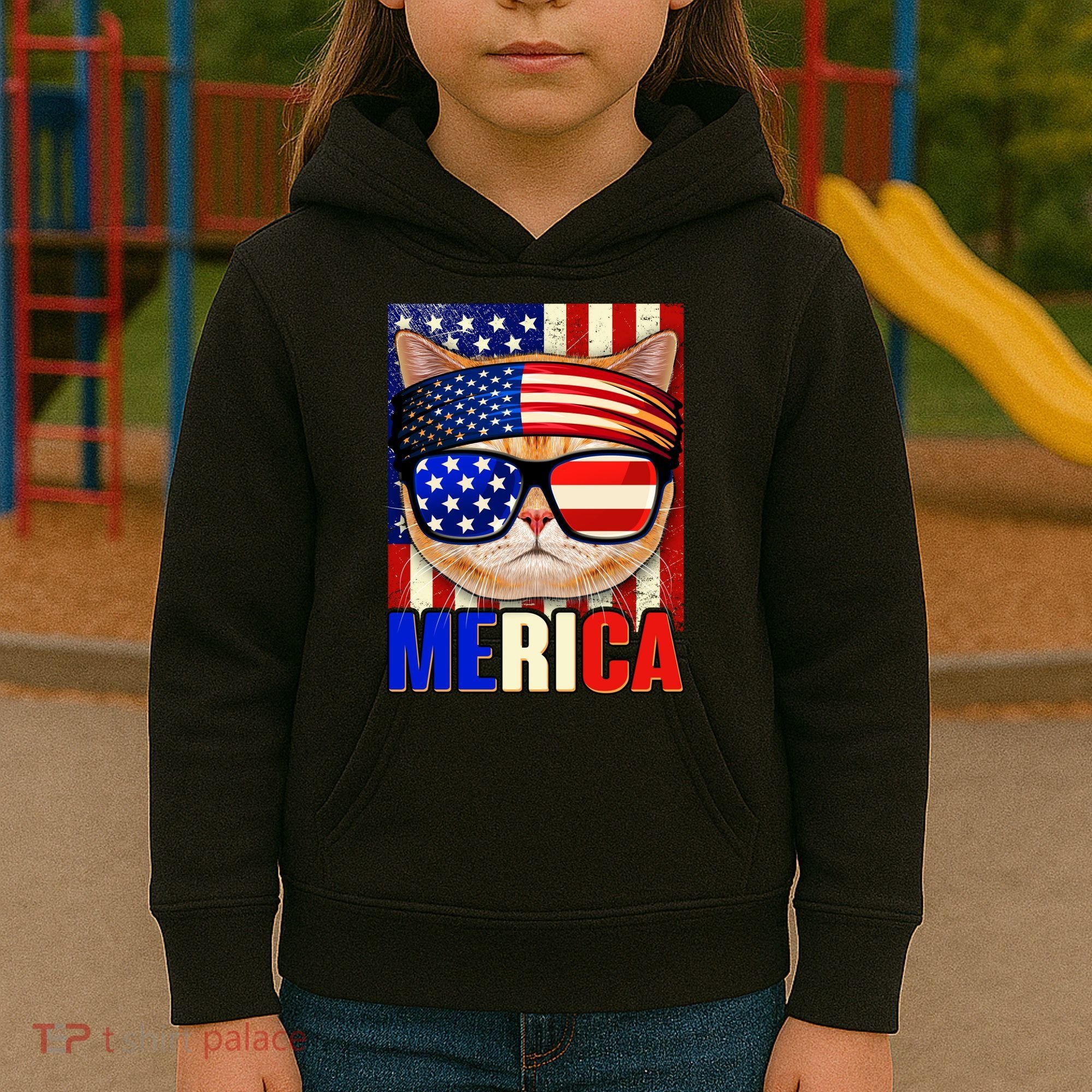 Funny American USA Flag Merica Cat Kids Hoodie