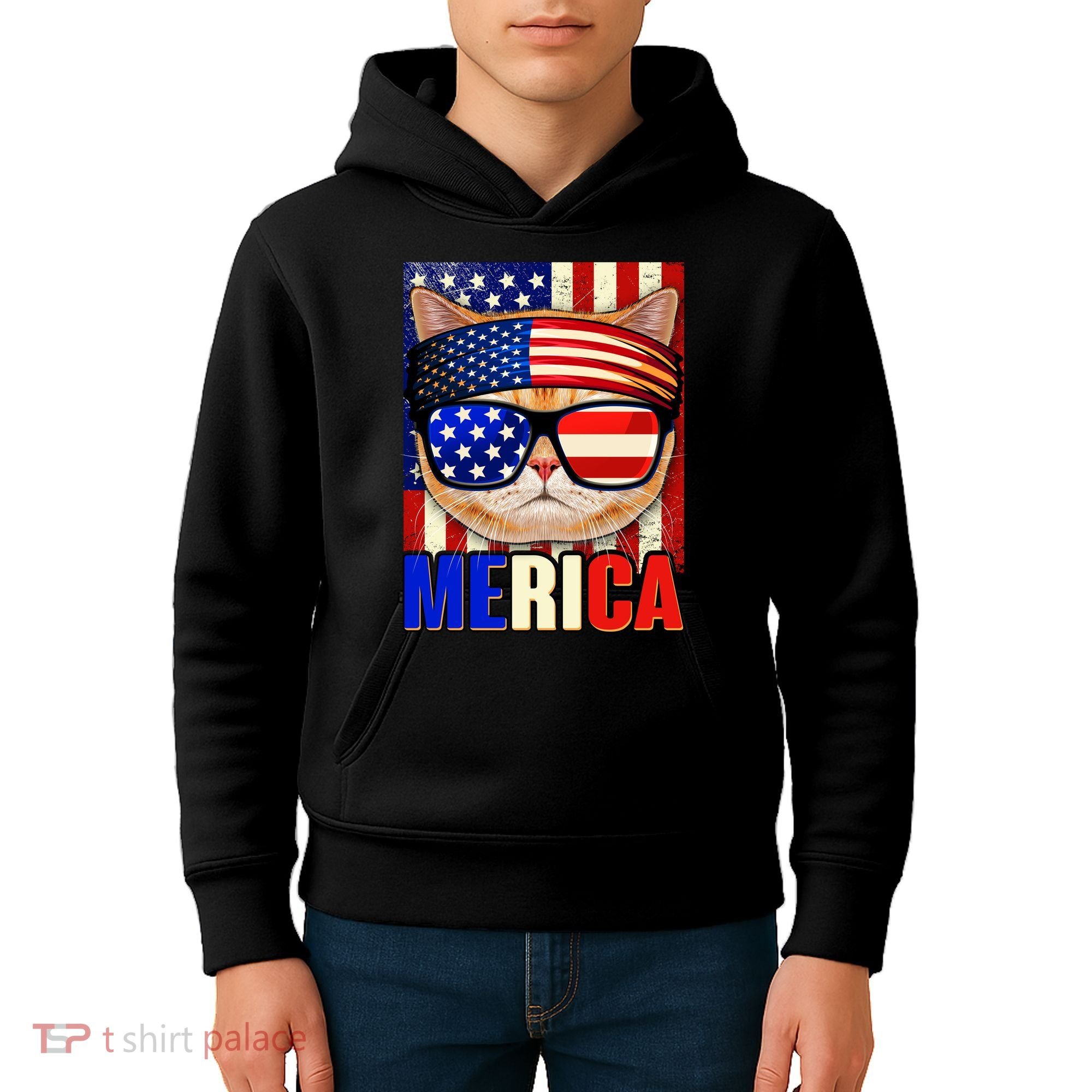 Funny American USA Flag Merica Cat Kids Hoodie