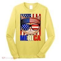 Funny American USA Flag Merica Cat Long Sleeve Shirt thumb 0