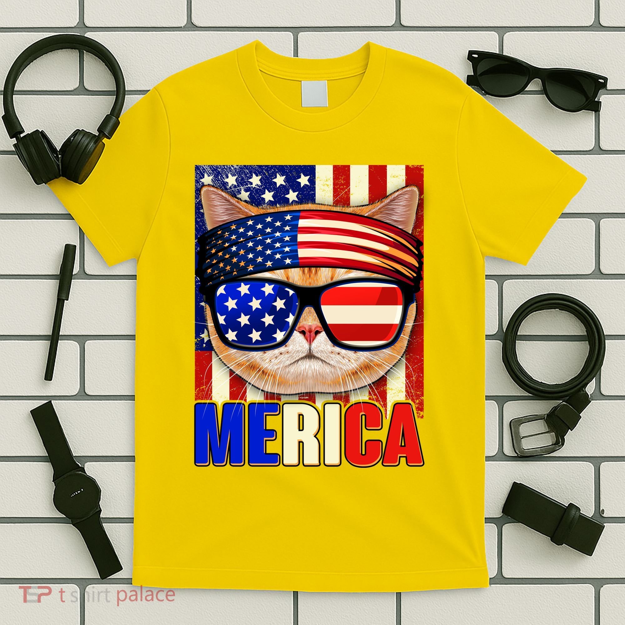 Funny American USA Flag Merica Cat T-Shirt