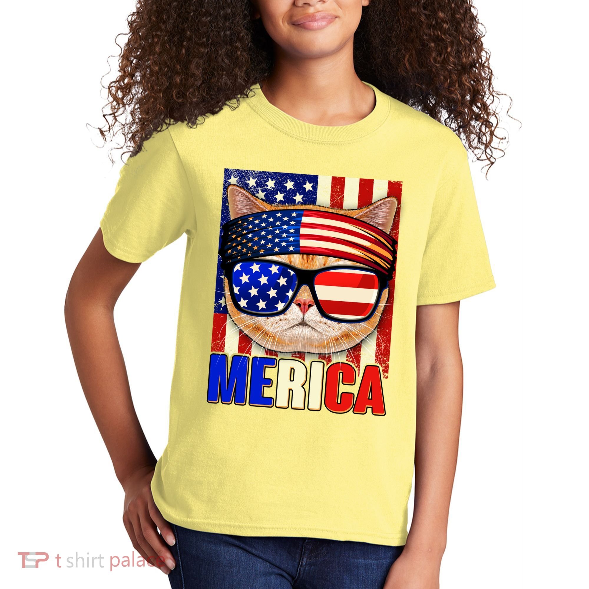 Funny American USA Flag Merica Cat Kids T-Shirt