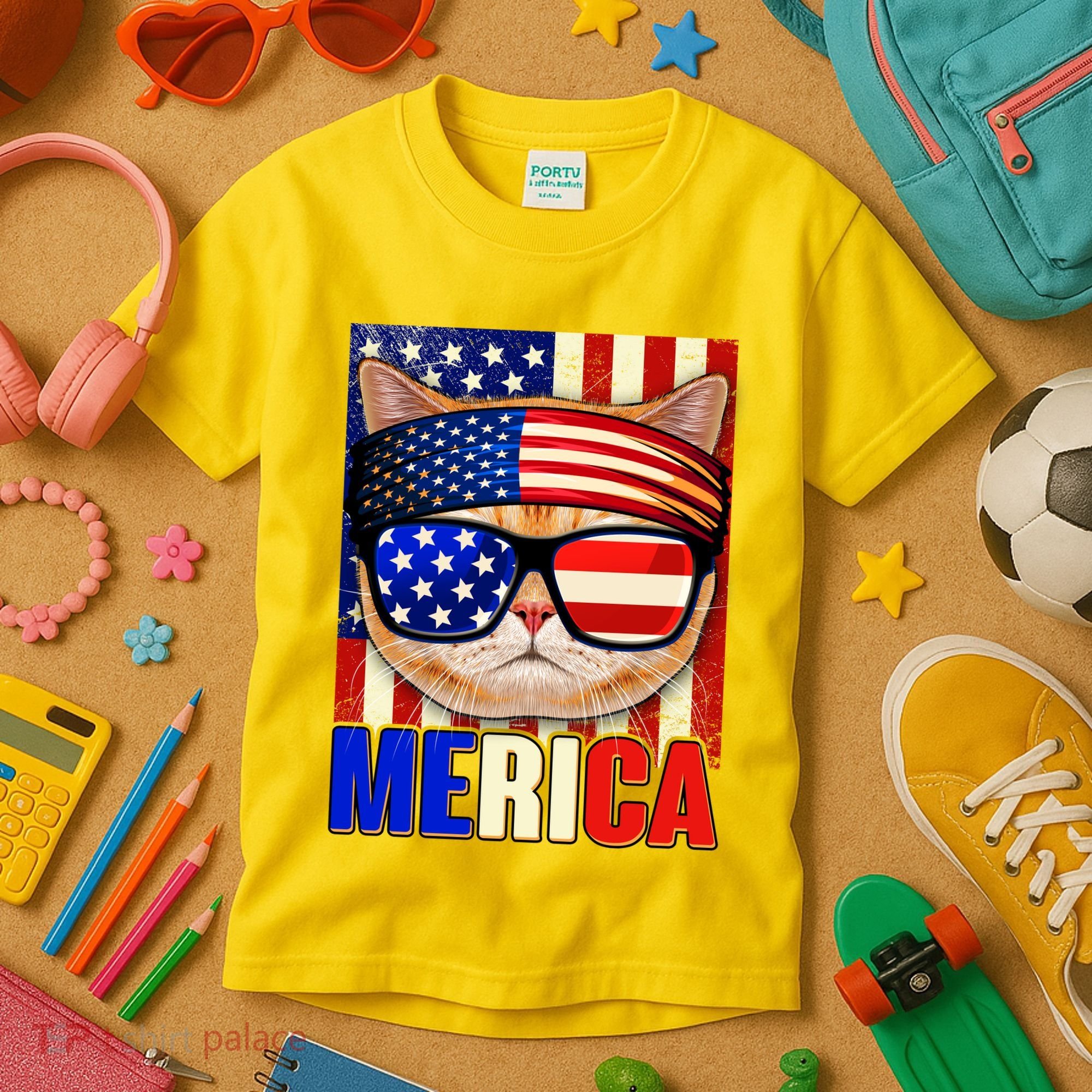 Funny American USA Flag Merica Cat Kids T-Shirt