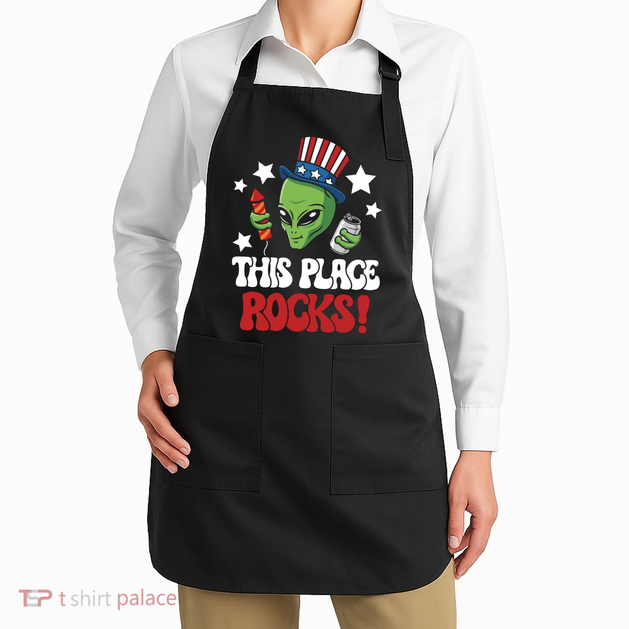 Funny Alien Uncle Sam Rocks Fireworks Party Gift Apron