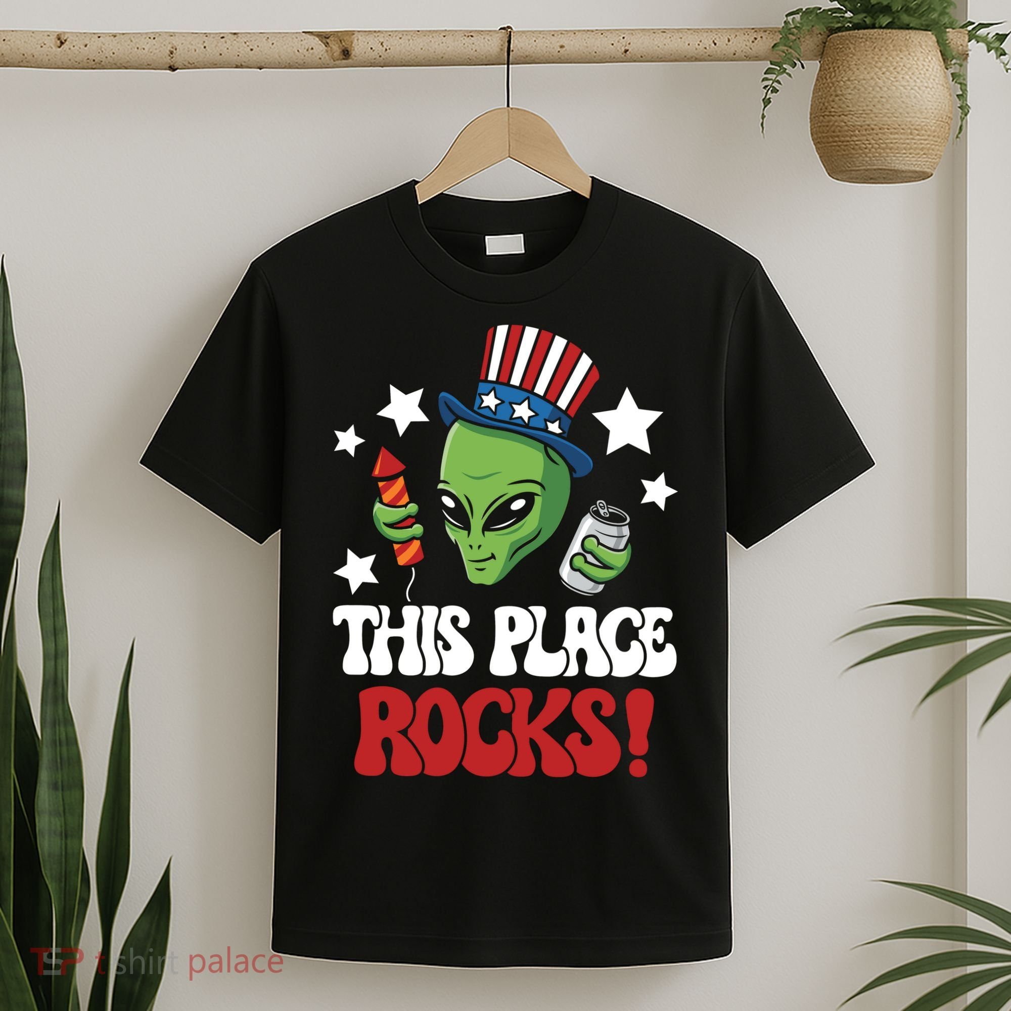 Funny Alien Uncle Sam Rocks Fireworks Party Gift T-Shirt