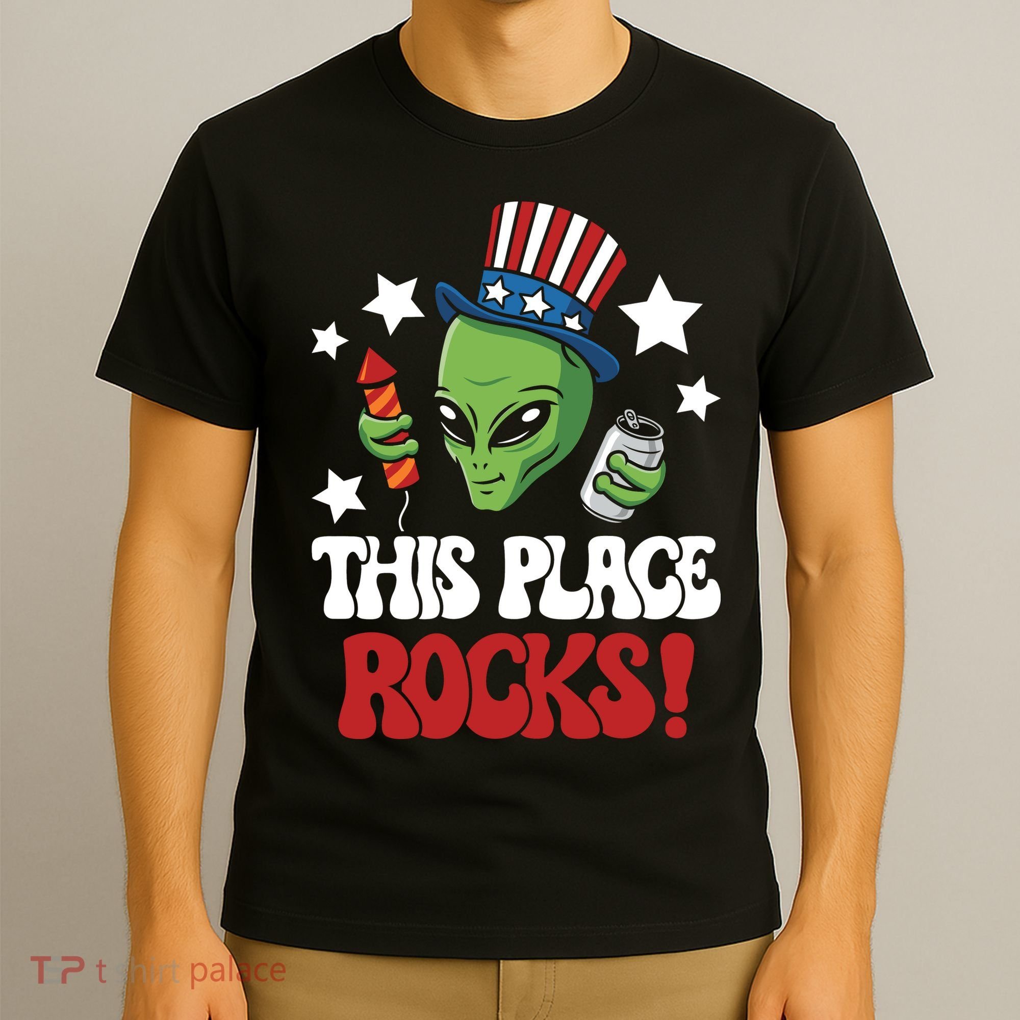 Funny Alien Uncle Sam Rocks Fireworks Party Gift T-Shirt