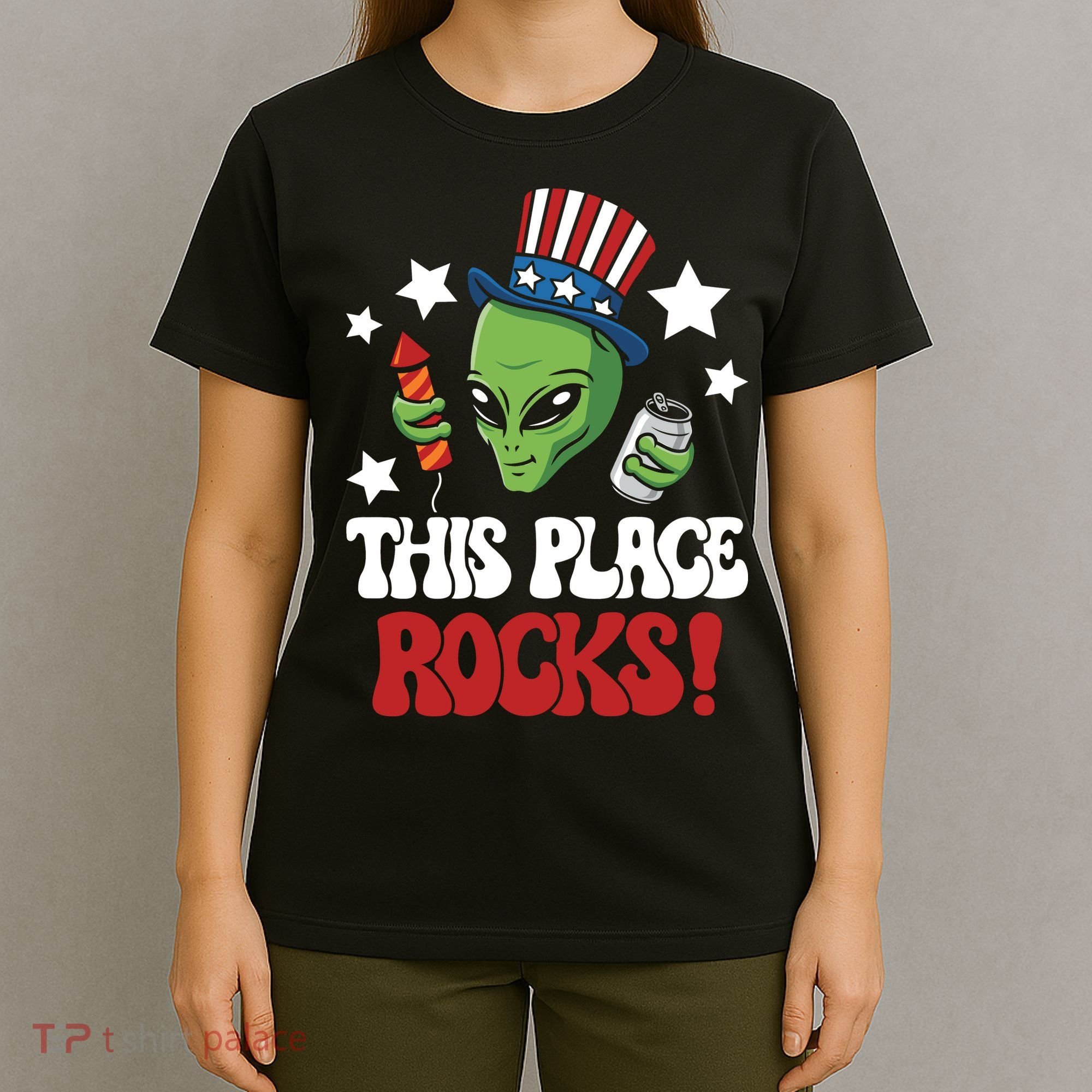 Funny Alien Uncle Sam Rocks Fireworks Party Gift T-Shirt