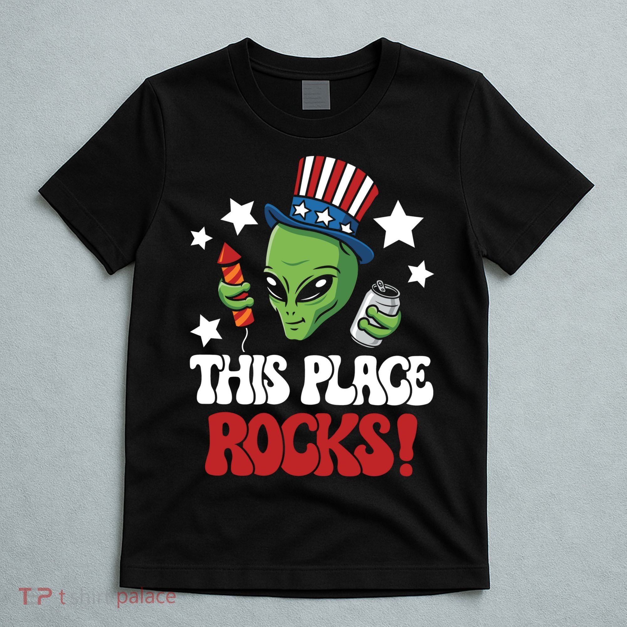 Funny Alien Uncle Sam Rocks Fireworks Party Gift T-Shirt