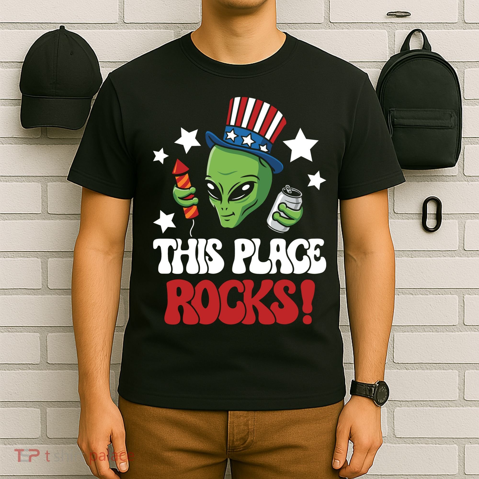 Funny Alien Uncle Sam Rocks Fireworks Party Gift T-Shirt