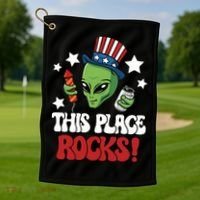 Funny Alien Uncle Sam Rocks Fireworks Party Gift Golf Towel thumb 1