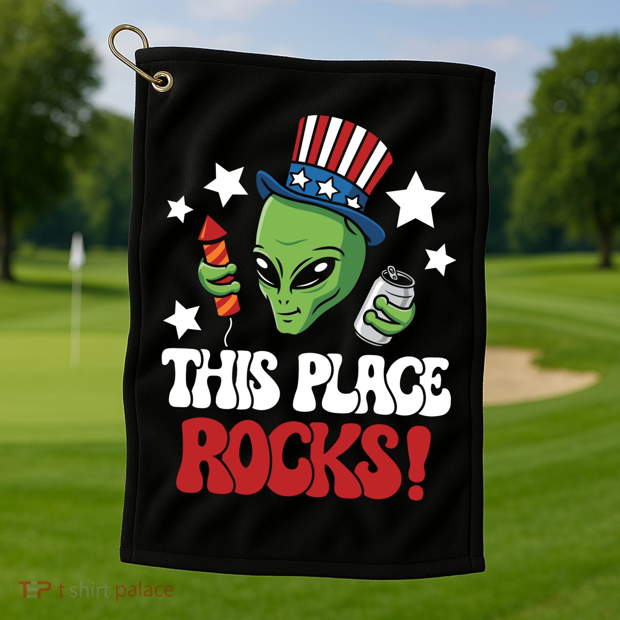Funny Alien Uncle Sam Rocks Fireworks Party Gift Golf Towel