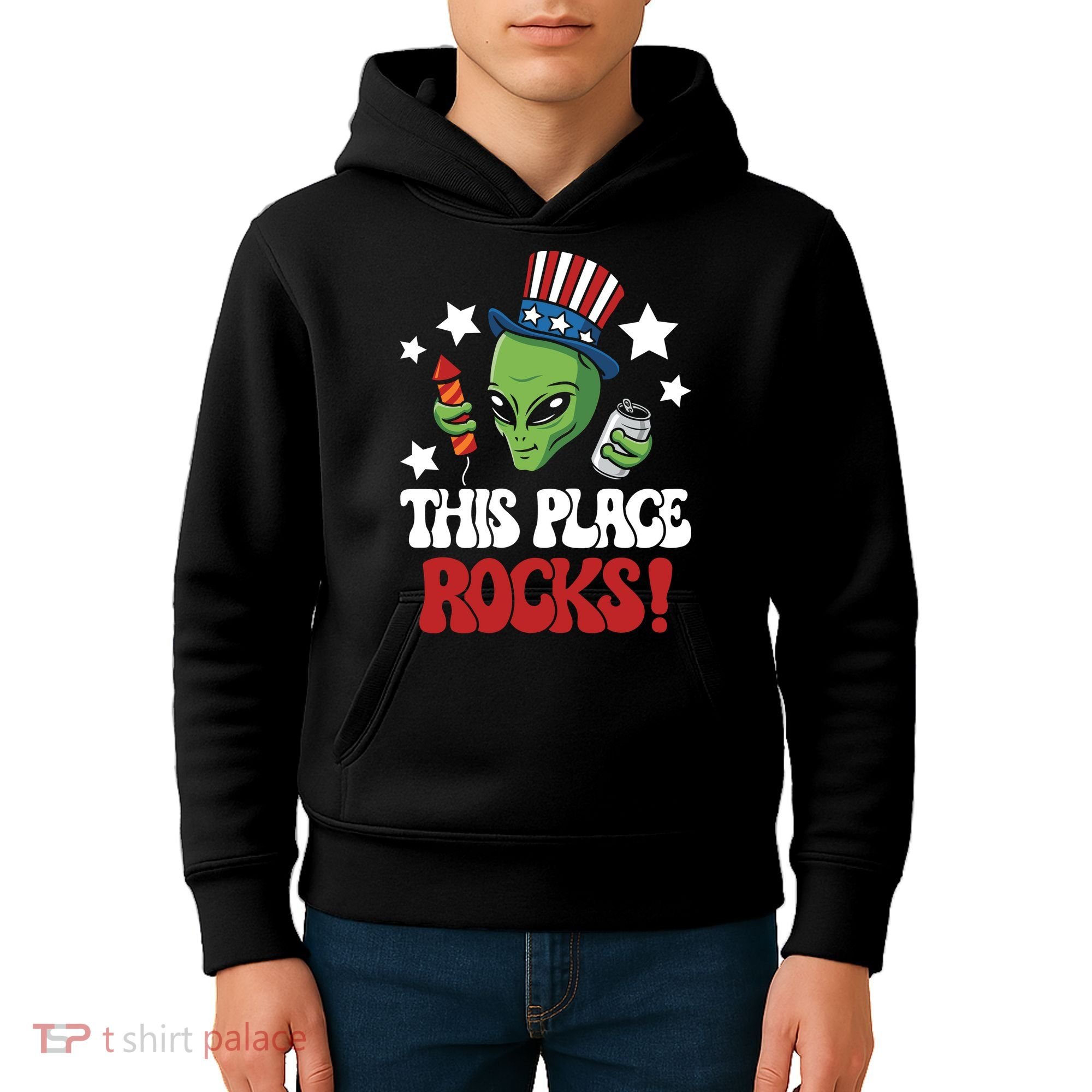 Funny Alien Uncle Sam Rocks Fireworks Party Gift Kids Hoodie