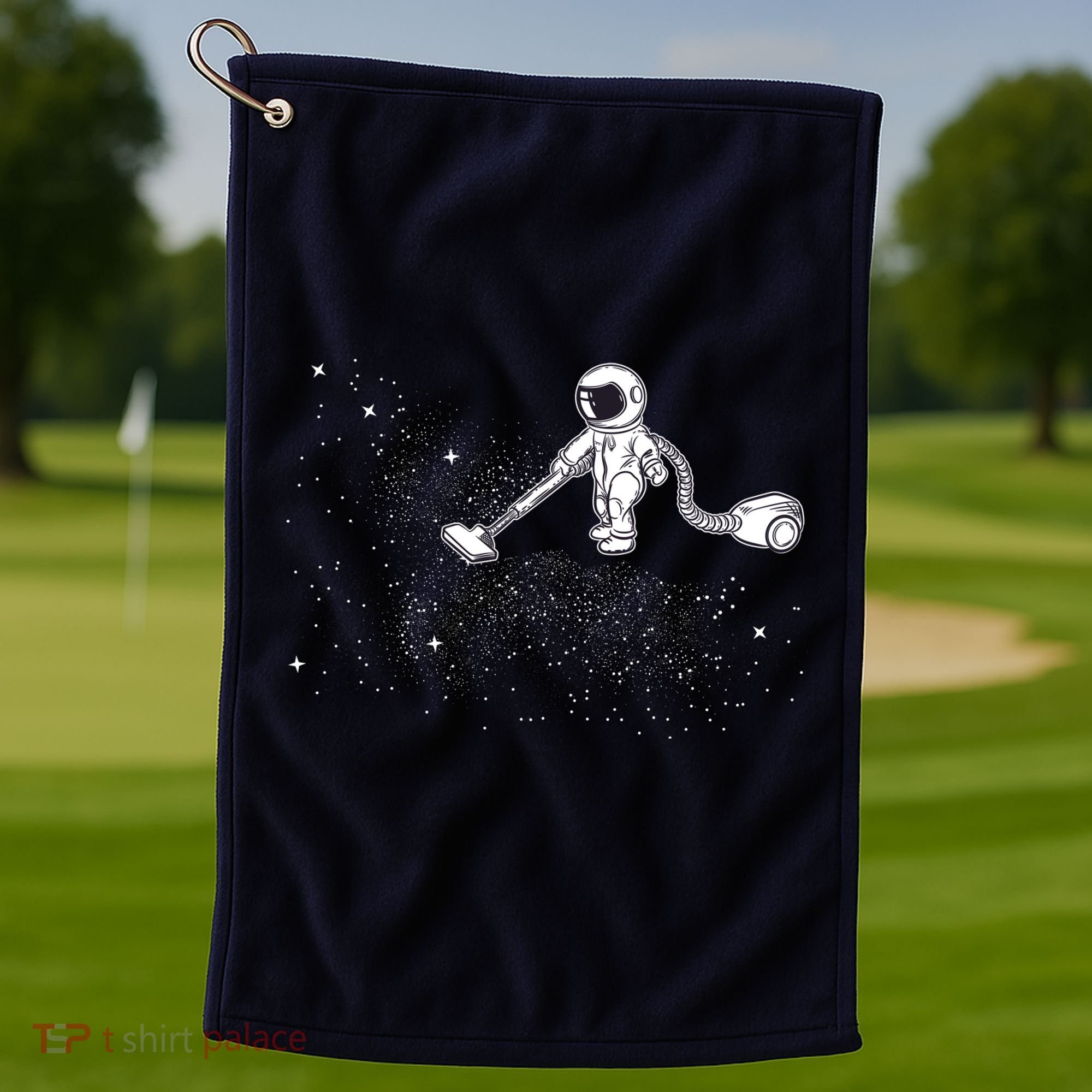 Funny Astronaut Vacuuming Galaxy Stars Golf Towel