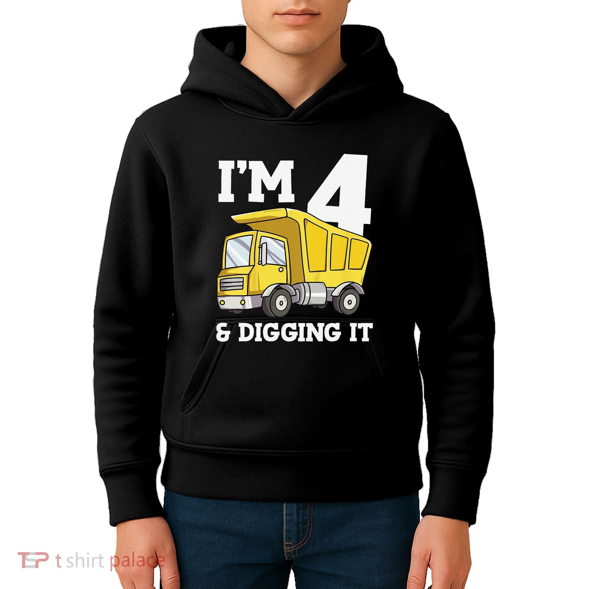 Funny Birthday 4 Four Construction Truck 4th Birthday (2) Kids Hoodie