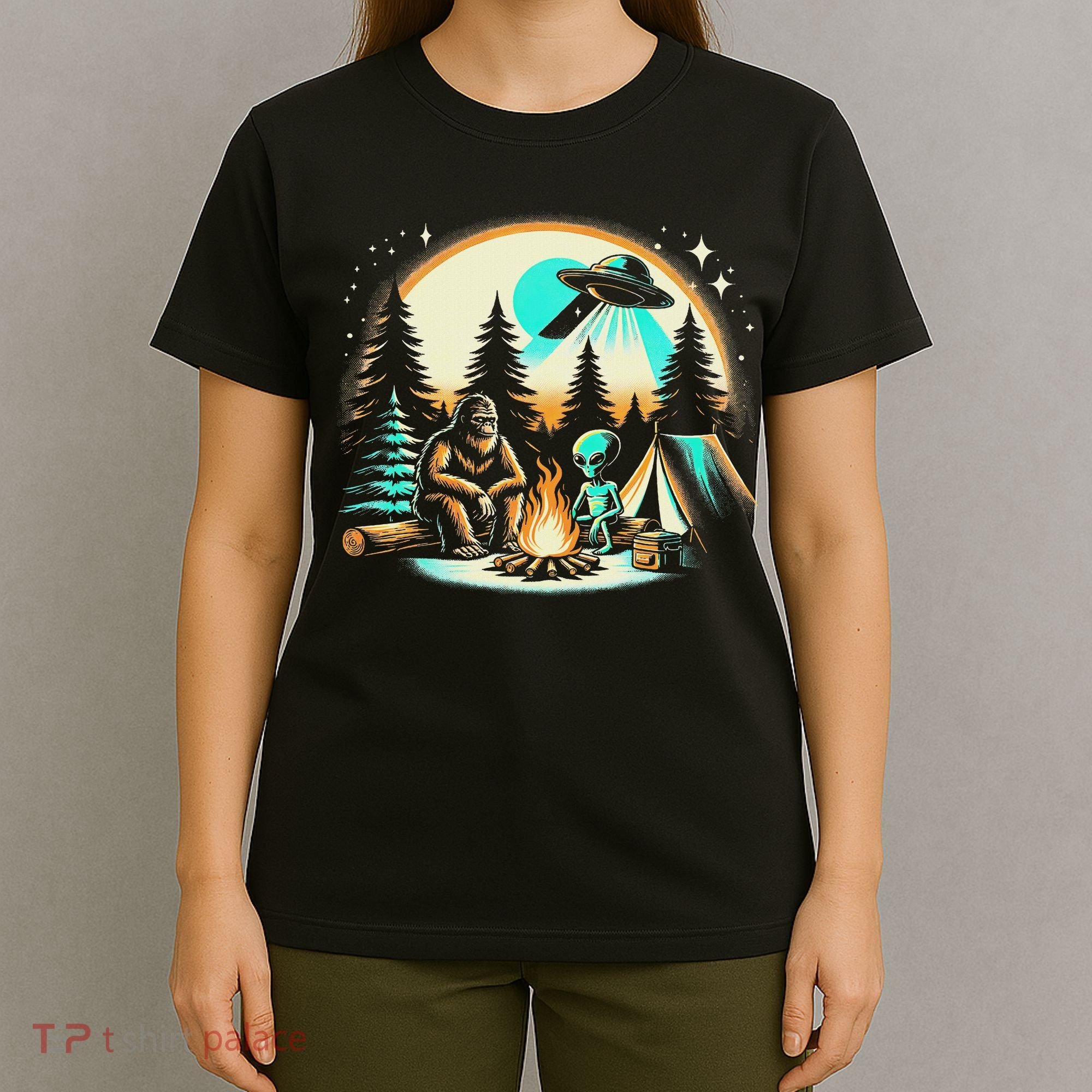 Funny Bigfoot & Alien Ufo Camping Outdoor Adventures Hiking T-Shirt