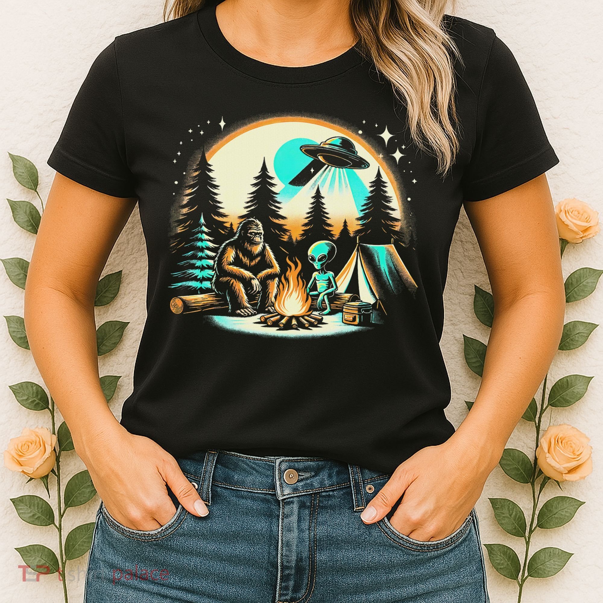 Funny Bigfoot & Alien Ufo Camping Outdoor Adventures Hiking Women's T-Shirt