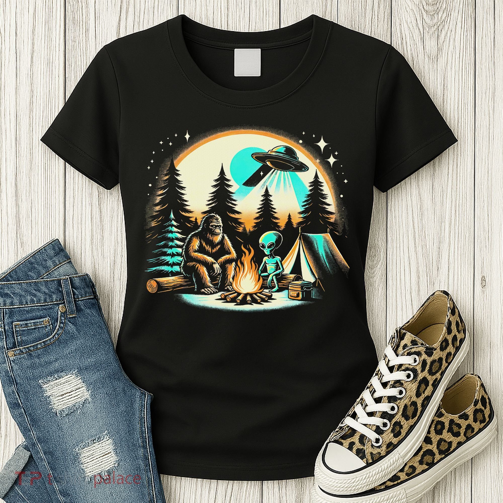 Funny Bigfoot & Alien Ufo Camping Outdoor Adventures Hiking Women's T-Shirt
