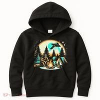 Funny Bigfoot & Alien Ufo Camping Outdoor Adventures Hiking Kids Hoodie thumb 0