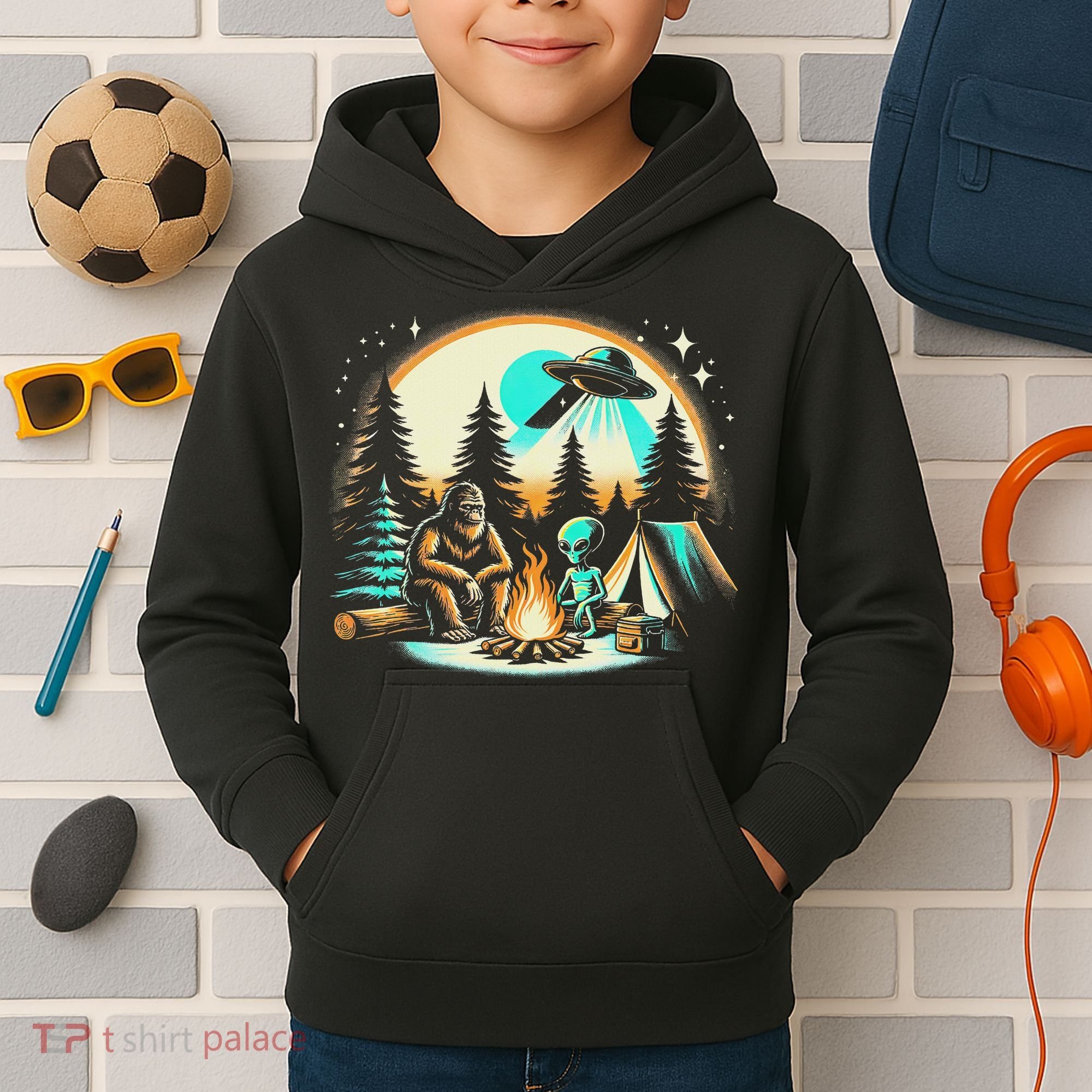 Funny Bigfoot & Alien Ufo Camping Outdoor Adventures Hiking Kids Hoodie