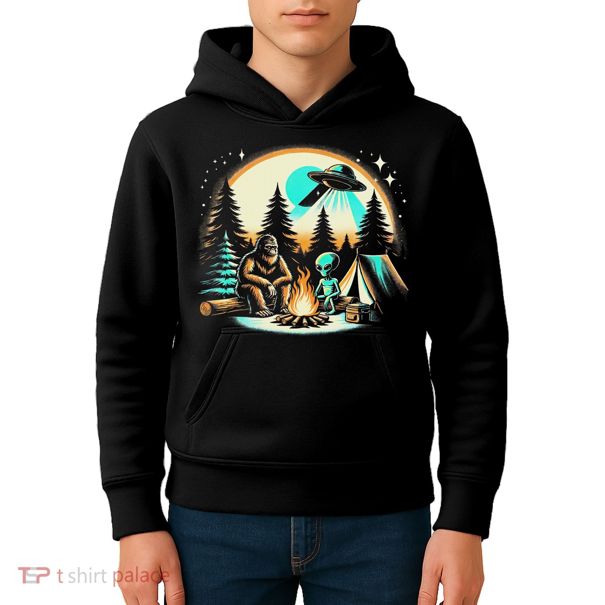 Funny Bigfoot & Alien Ufo Camping Outdoor Adventures Hiking Kids Hoodie