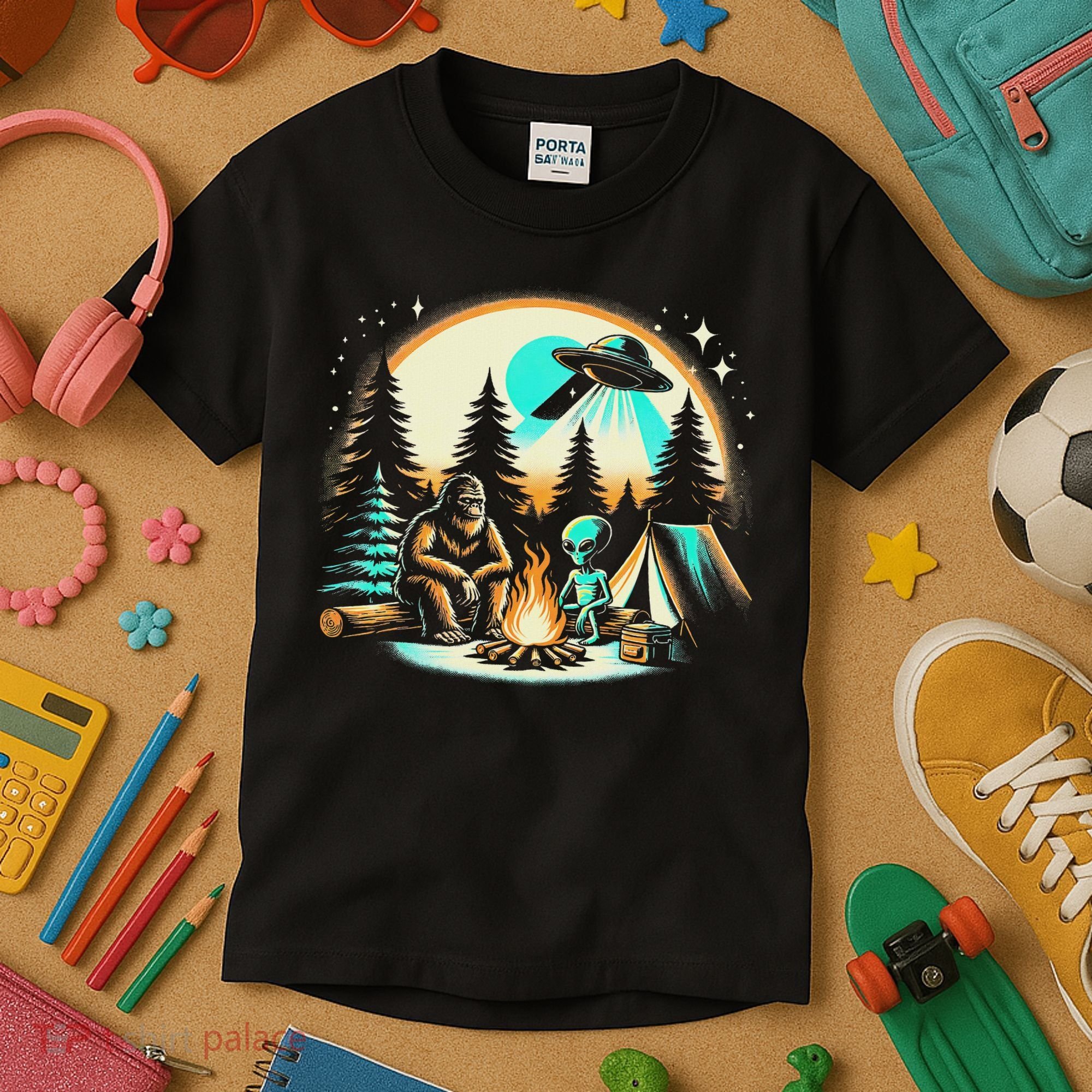 Funny Bigfoot & Alien Ufo Camping Outdoor Adventures Hiking Kids T-Shirt