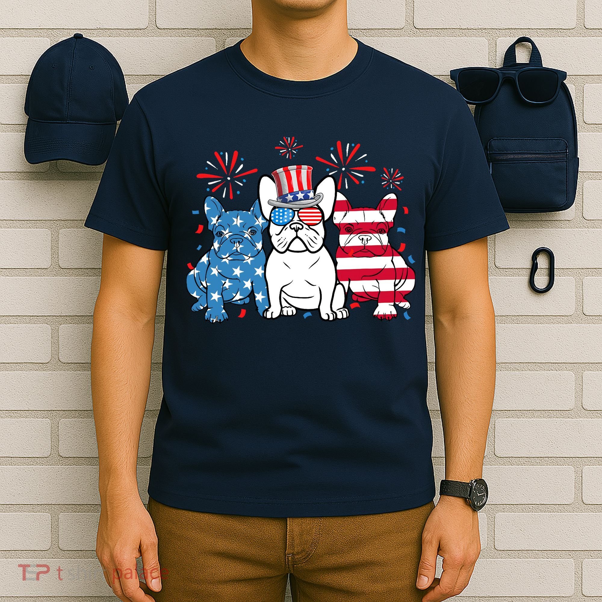 French Bulldog American Flag Fireworks 4th Of July Dog Lover T-Shirt