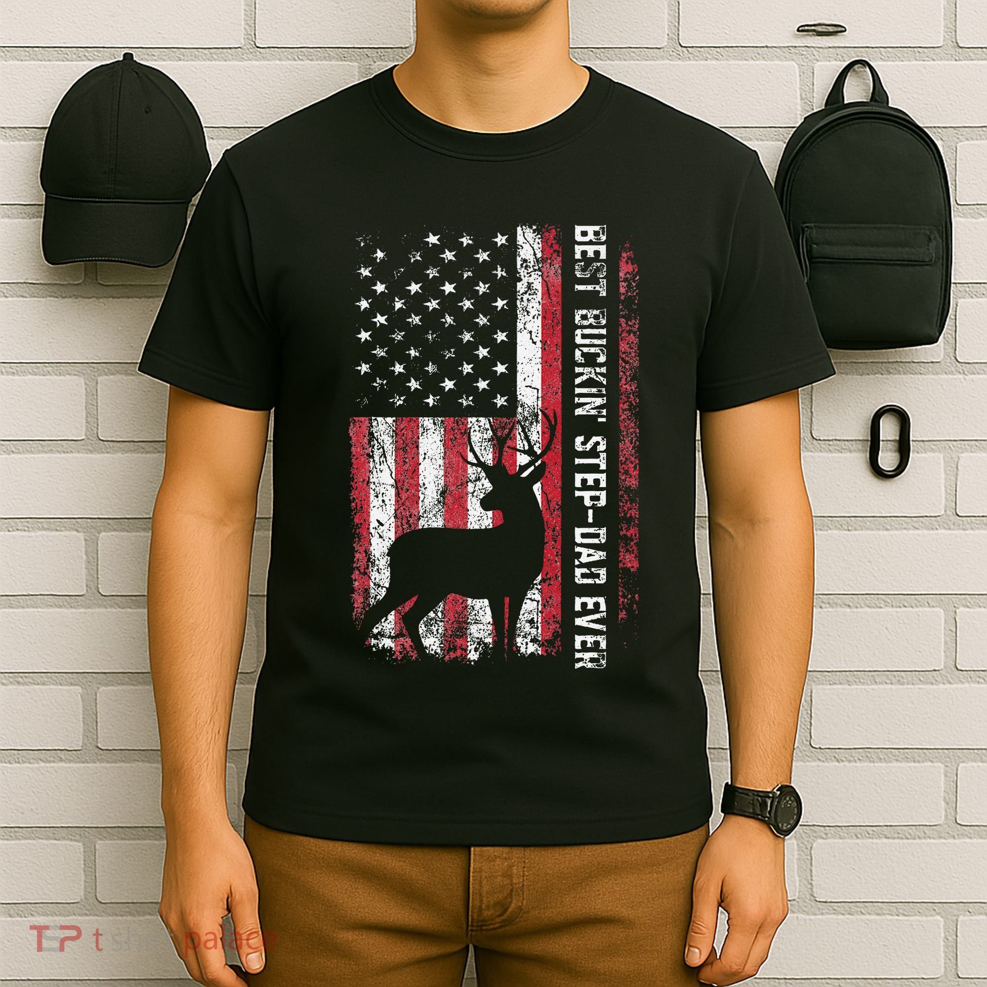 Flag Best Buckin Step Dad Ever Deer Hunting Fathers Day T-Shirt