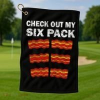 Funny Bacon BBQ Dad Grill CHECK OUT MY SIX PACK Golf Towel thumb 1