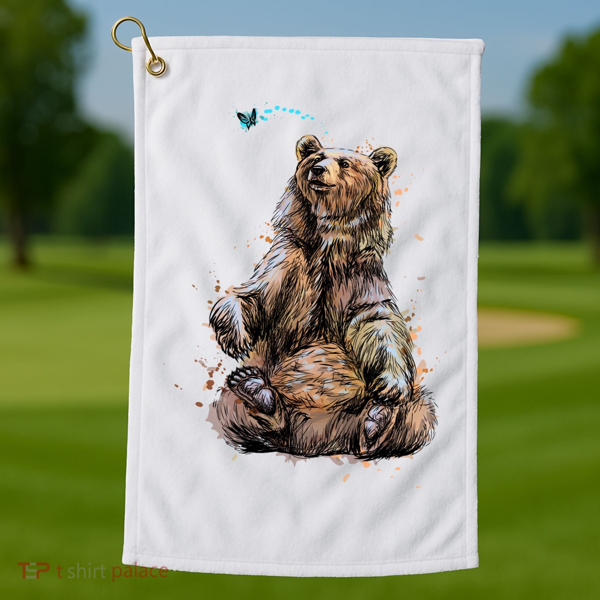Friendly Brown Bear Sitting And Waving A Paw Golf Towel