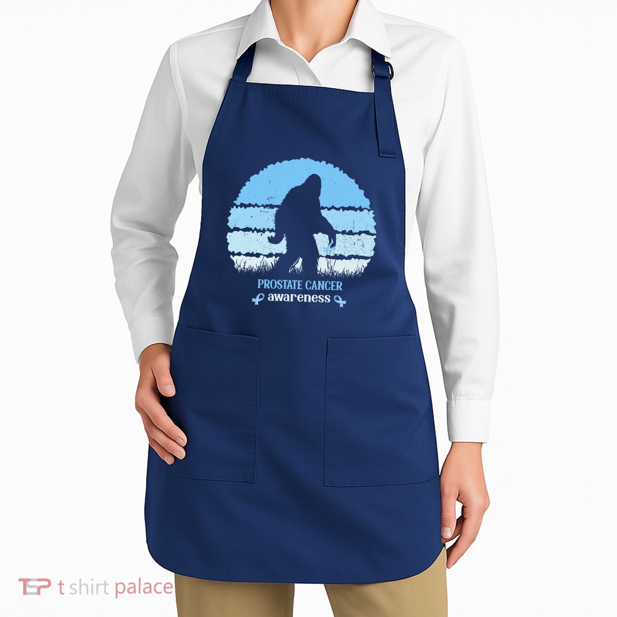 Funny Bigfoot Believe Prostate Cancer Awareness Blue Ribbon Apron