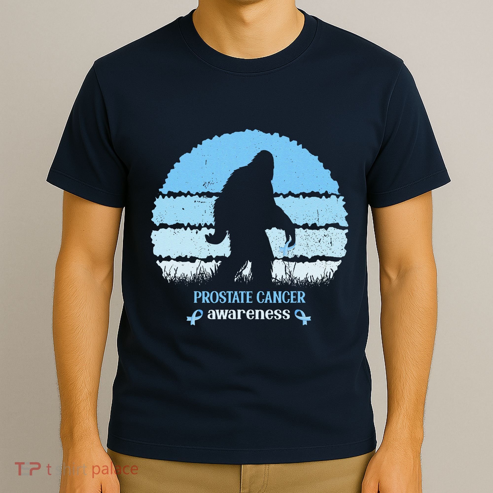 Funny Bigfoot Believe Prostate Cancer Awareness Blue Ribbon T-Shirt
