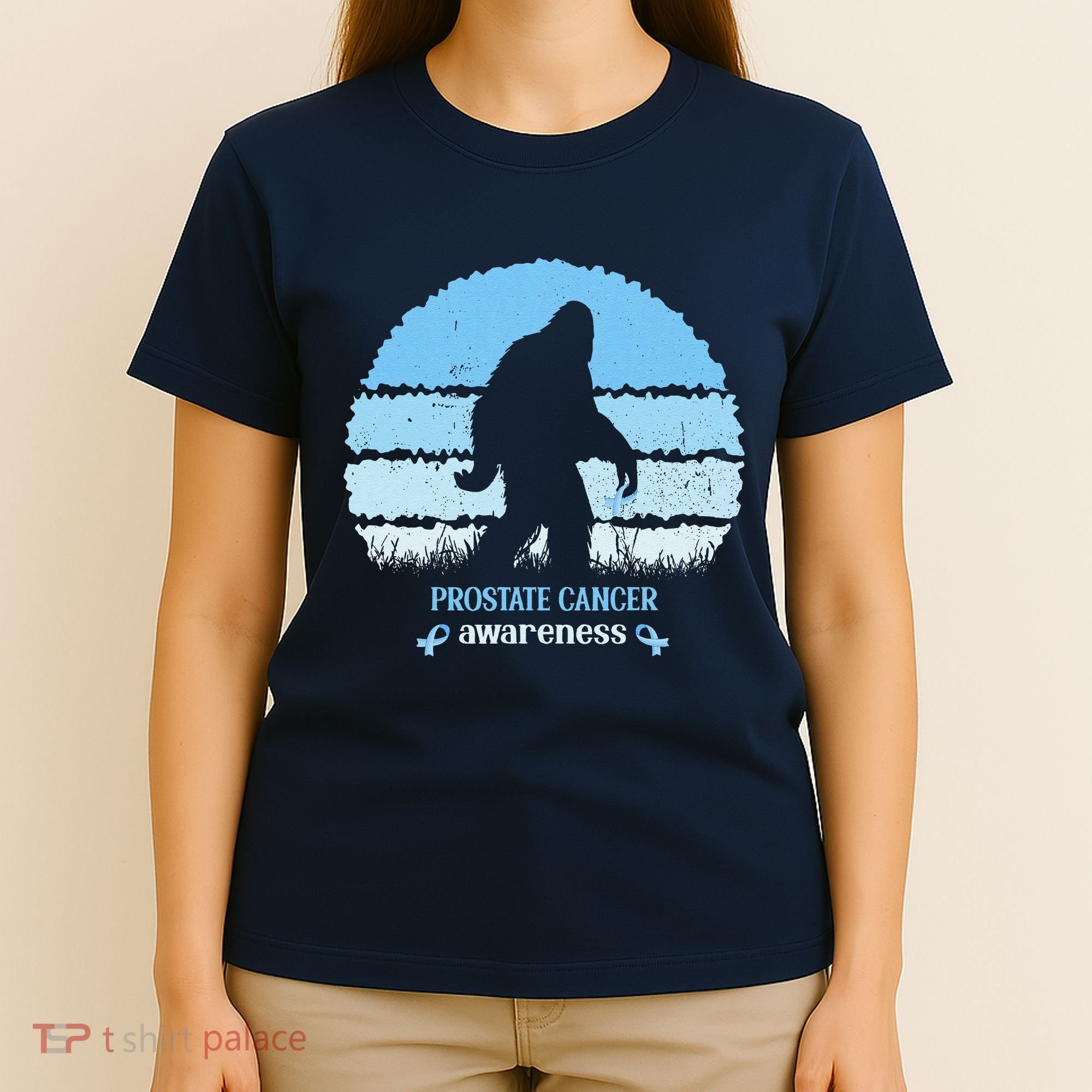 Funny Bigfoot Believe Prostate Cancer Awareness Blue Ribbon T-Shirt