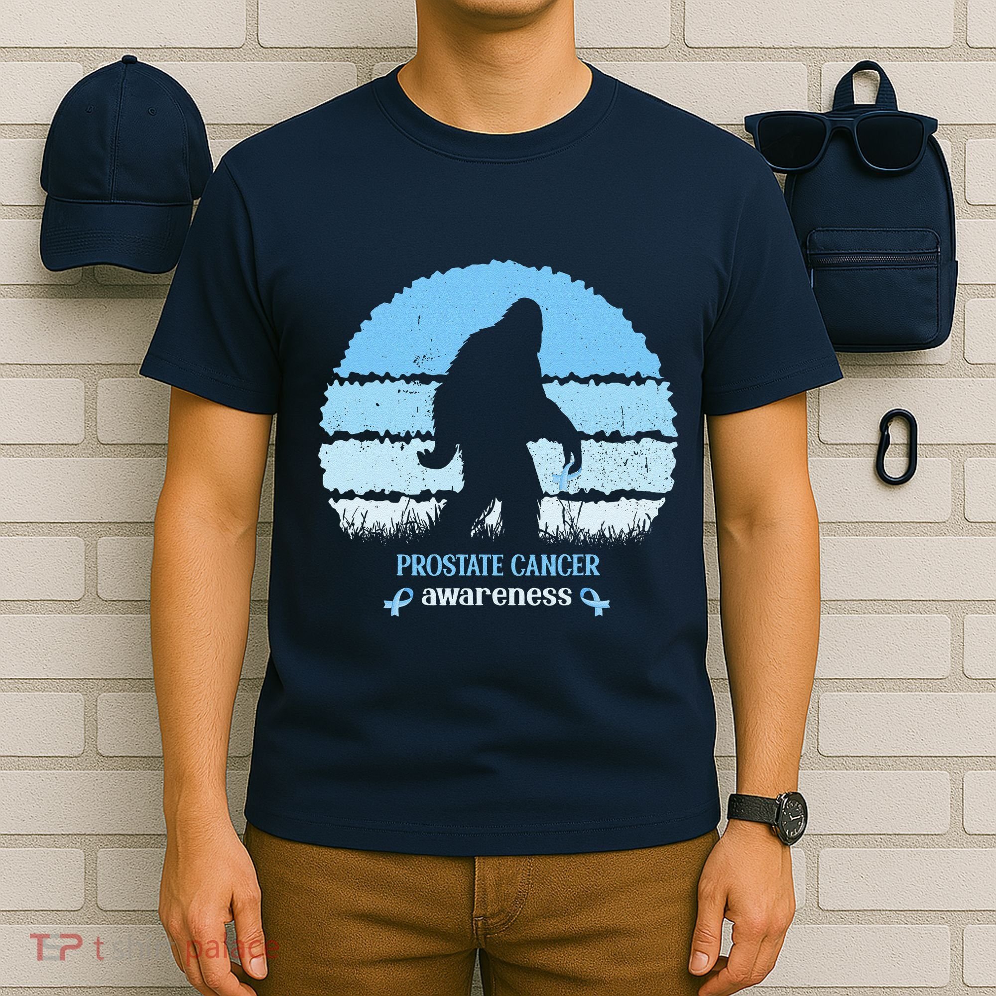 Funny Bigfoot Believe Prostate Cancer Awareness Blue Ribbon T-Shirt