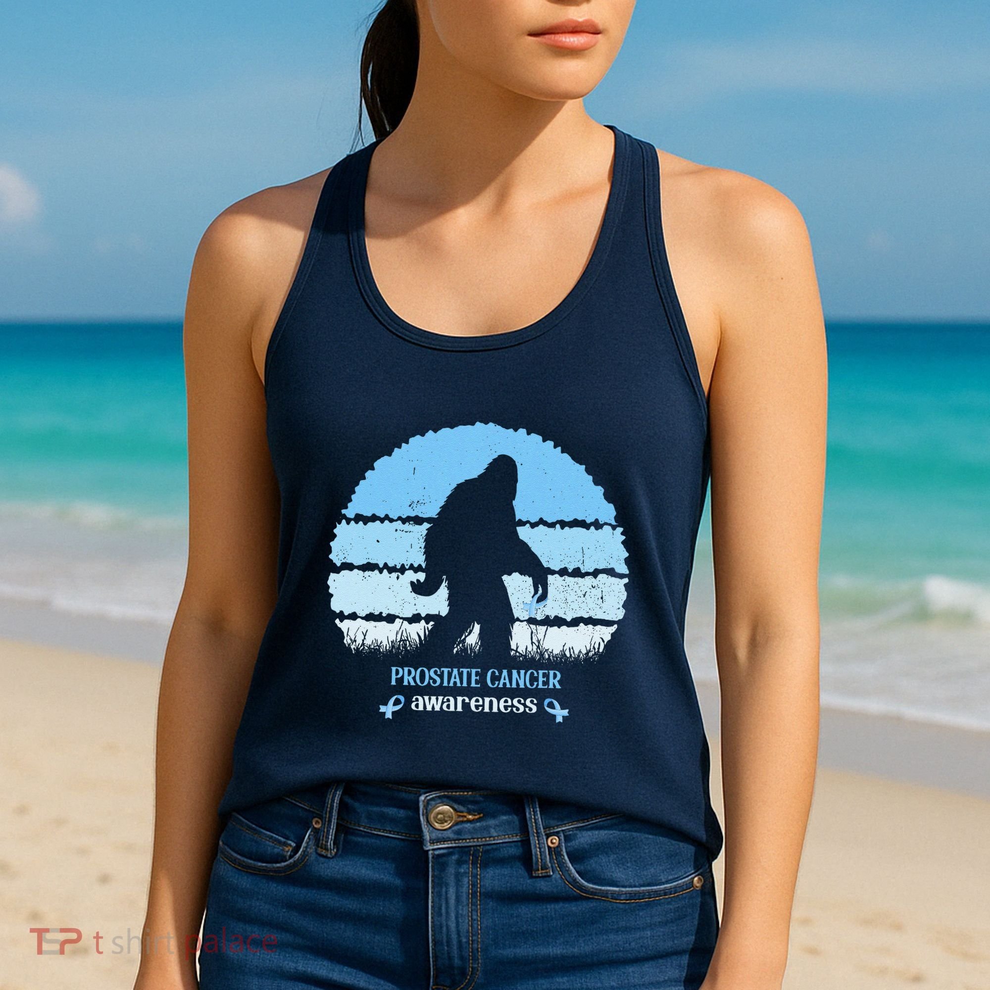 Funny Bigfoot Believe Prostate Cancer Awareness Blue Ribbon Women's Tank Top