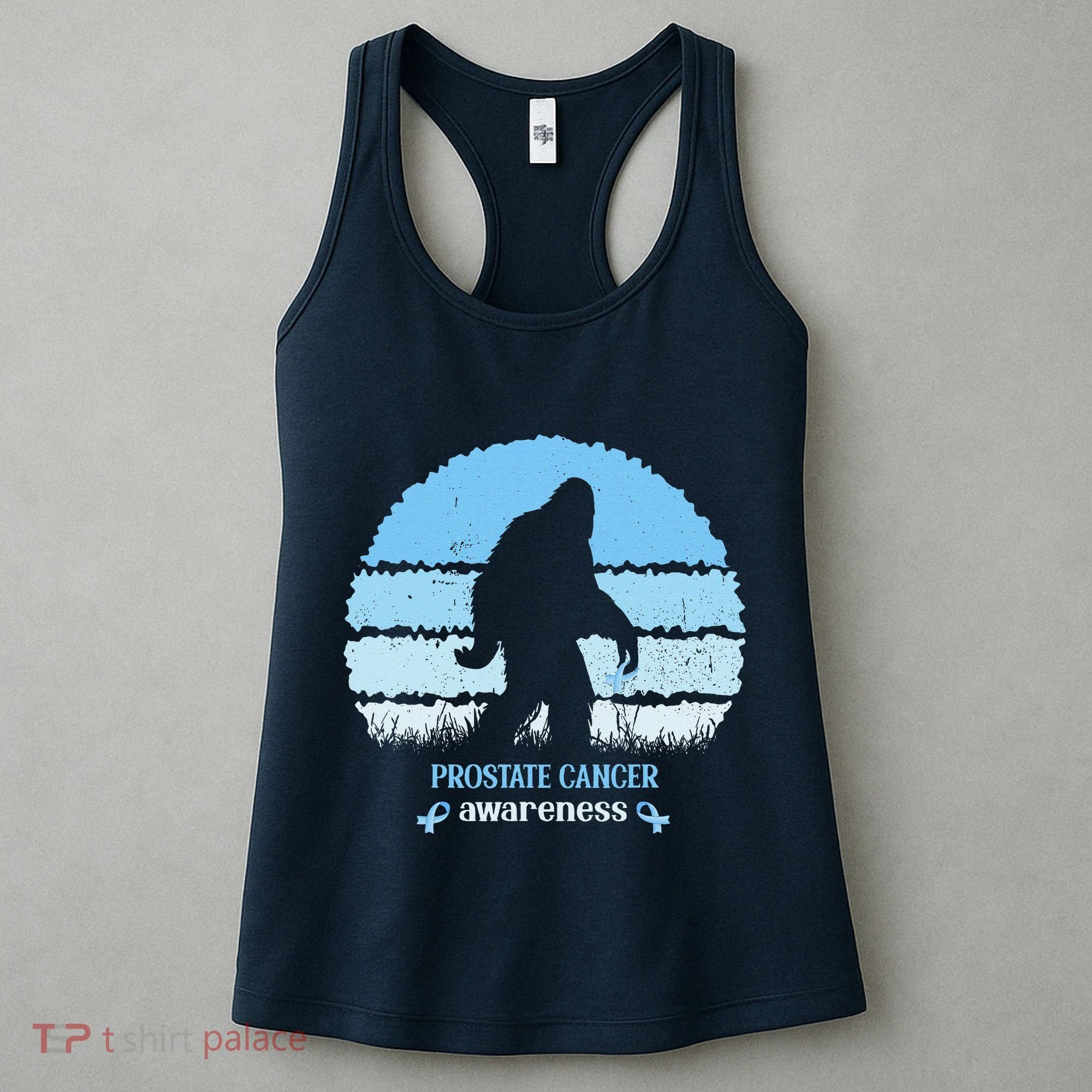 Funny Bigfoot Believe Prostate Cancer Awareness Blue Ribbon Women's Tank Top